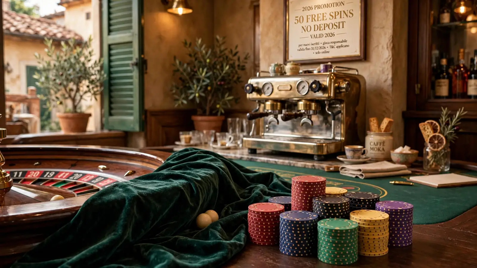 Lounge da casinò italiano con fiches e macchina da caffè