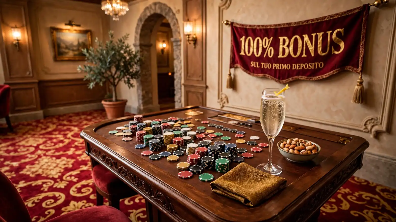 Interno di un casinò italiano con fiches colorate e banner 100% bonus