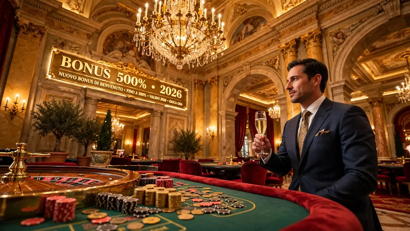 Fotografia realistica di un lussuoso casinò italiano con tavolo di roulette e fiches