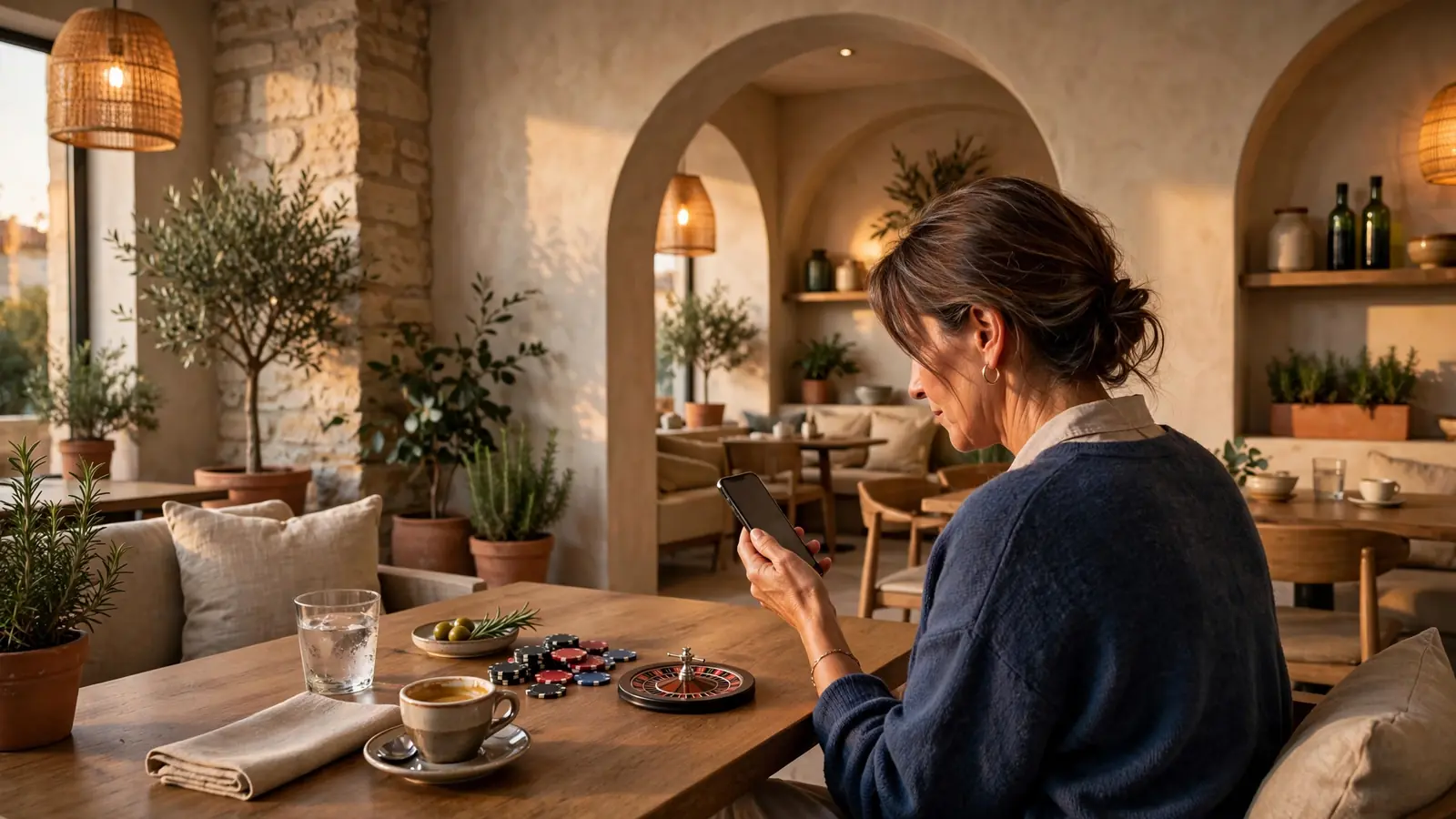Café italiano con smartphone, fiches da casinò e ruota, atmosfera accogliente