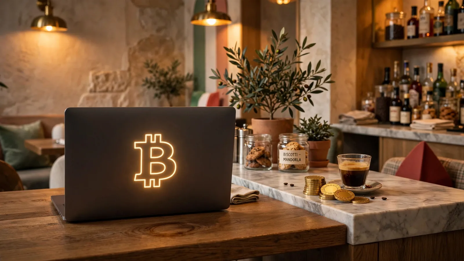 Caffè italiano con laptop, Bitcoin, fiches e espresso