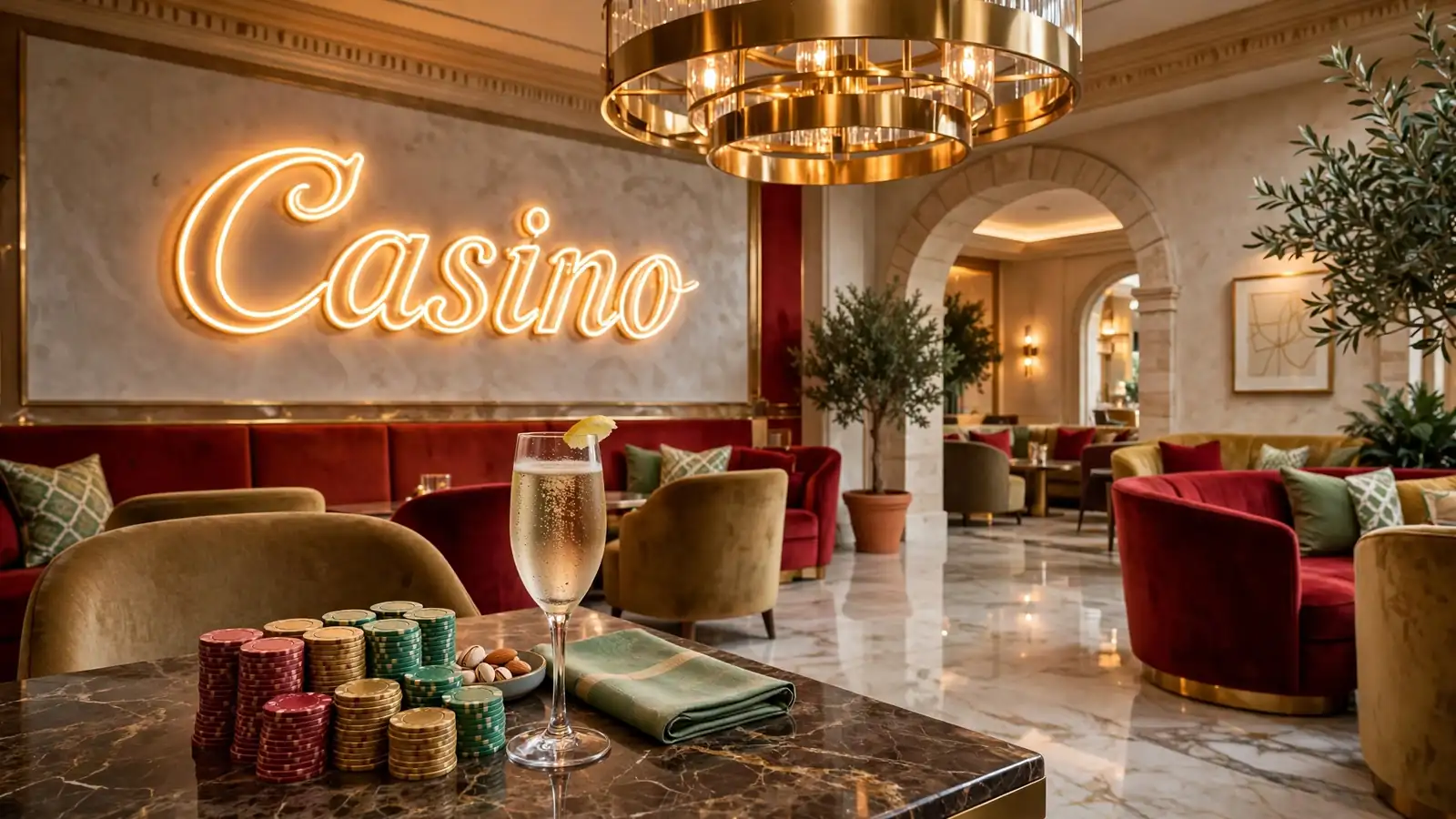 Foto realistica di un elegante lounge da casinò italiano con chips e prosecco.