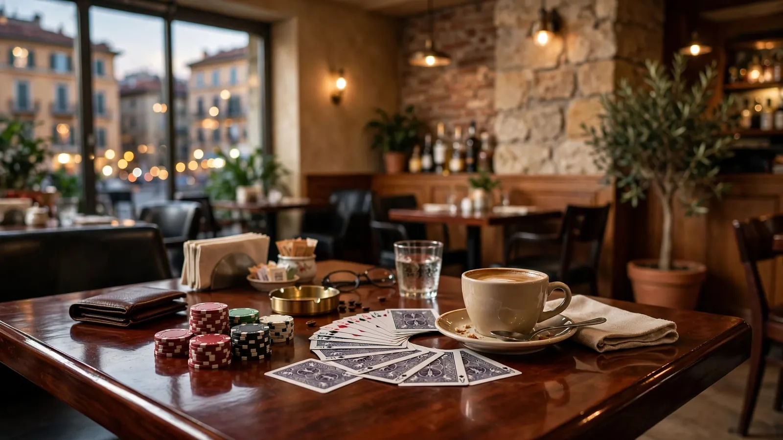 Interno di caffè italiano con fiches da gioco e carte