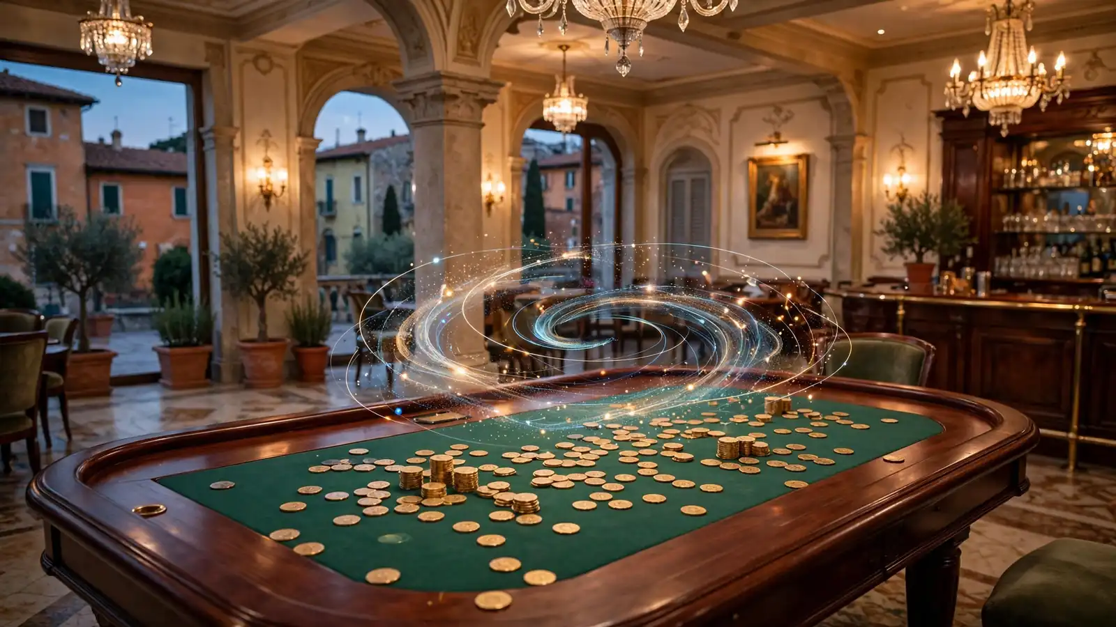 Foto realistica di un casinò italiano elegante con fiches d'oro e luce calda.