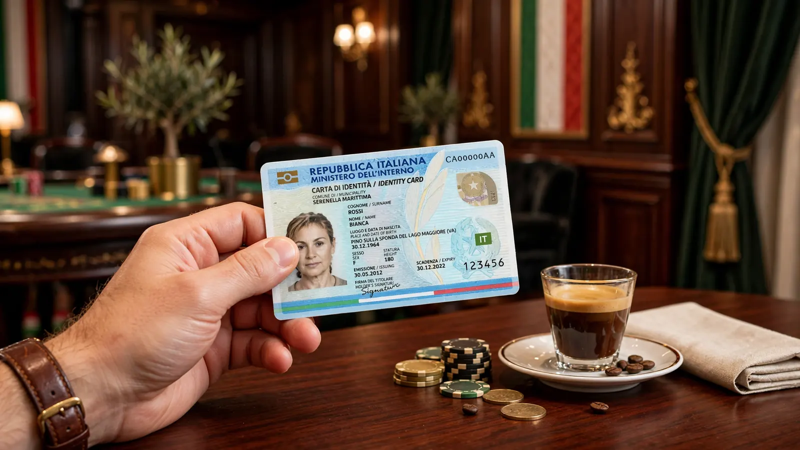 Carta d'identità elettronica su scrivania in un casinò elegante
