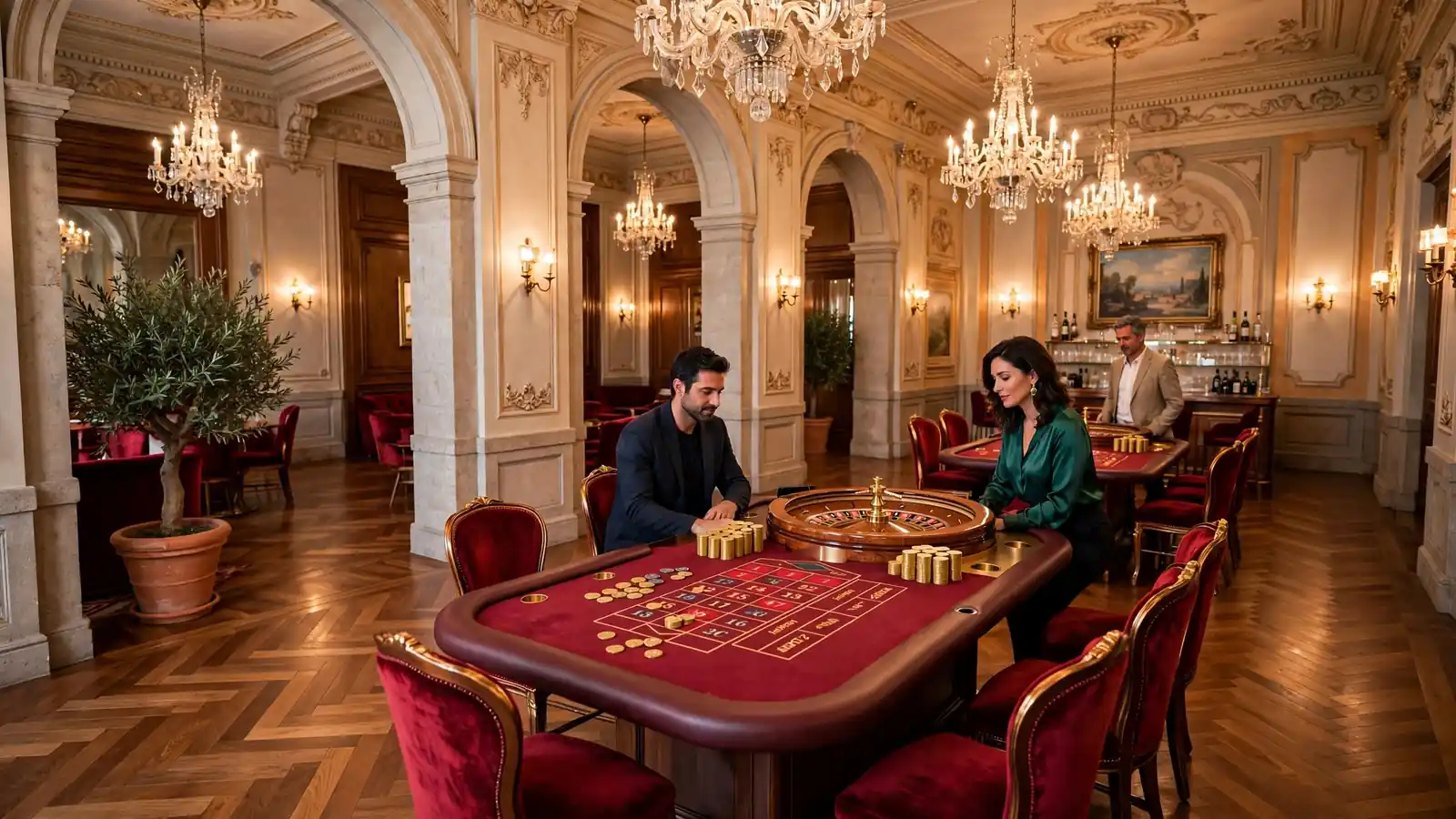 Interno di casinò elegante con tavolo della roulette e fiches d'oro