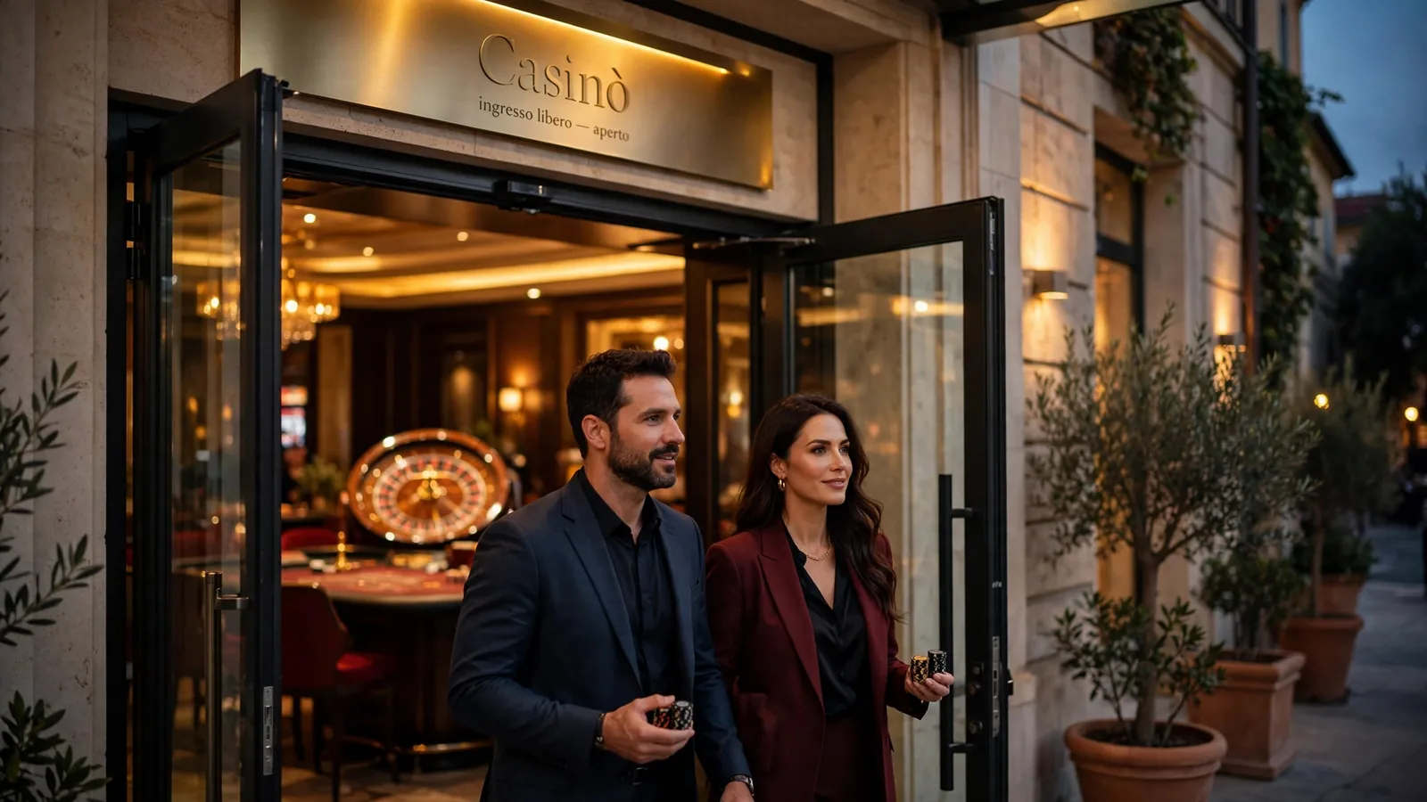 Ingresso di un casinò italiano elegante al tramonto, con luci dorate e coppia elegante che entra.