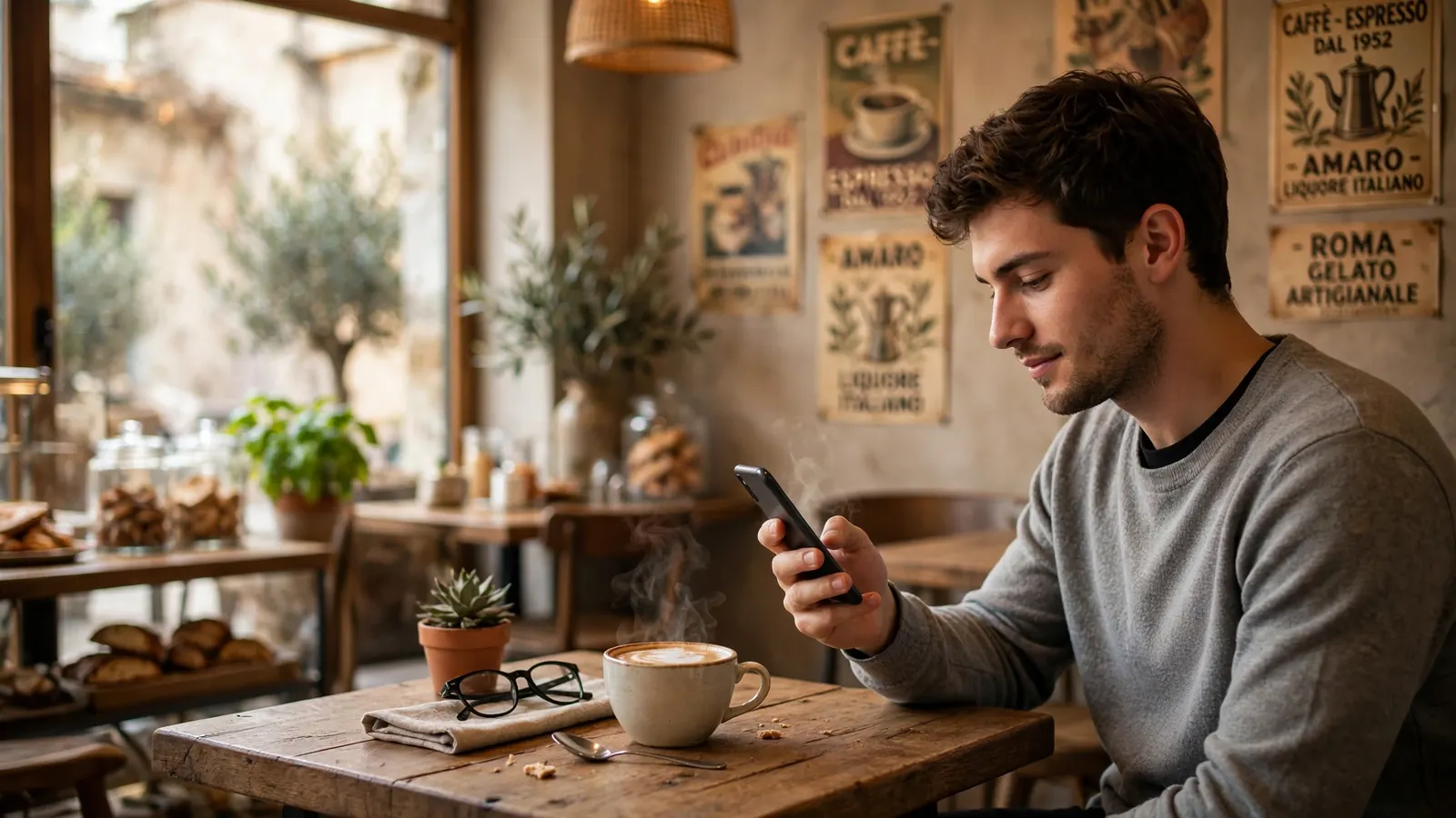 Giovane italiano al caffè con smartphone senza SPID