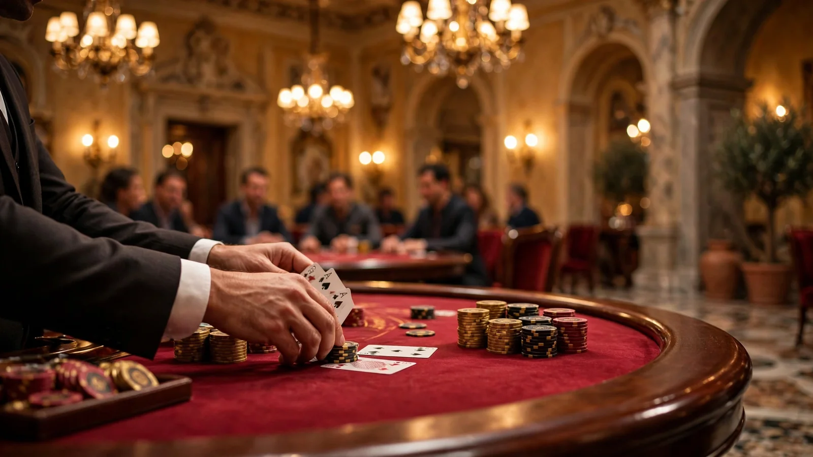 Croupier professionale in un elegante studio da casinò italiano, luci dorate e tavolo di gioco.