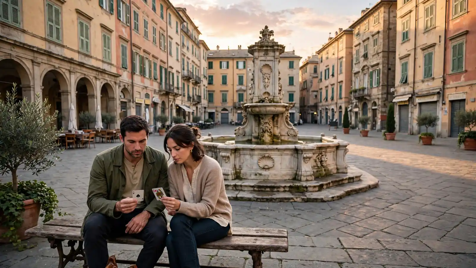 Piazza storica di Genova al sorgere del sole con persone pensierose