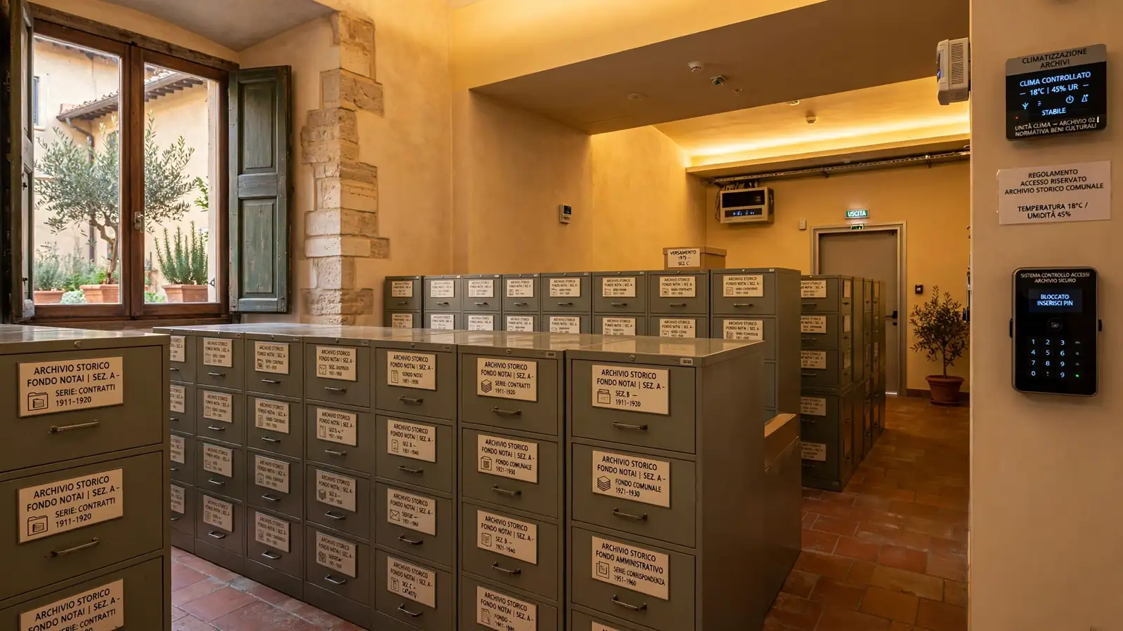 Sala archivio dati con armadi di sicurezza