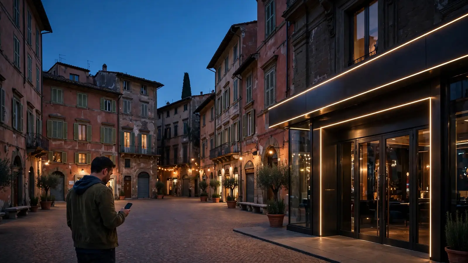 Piazza italiana al tramonto con casinò moderno sullo sfondo