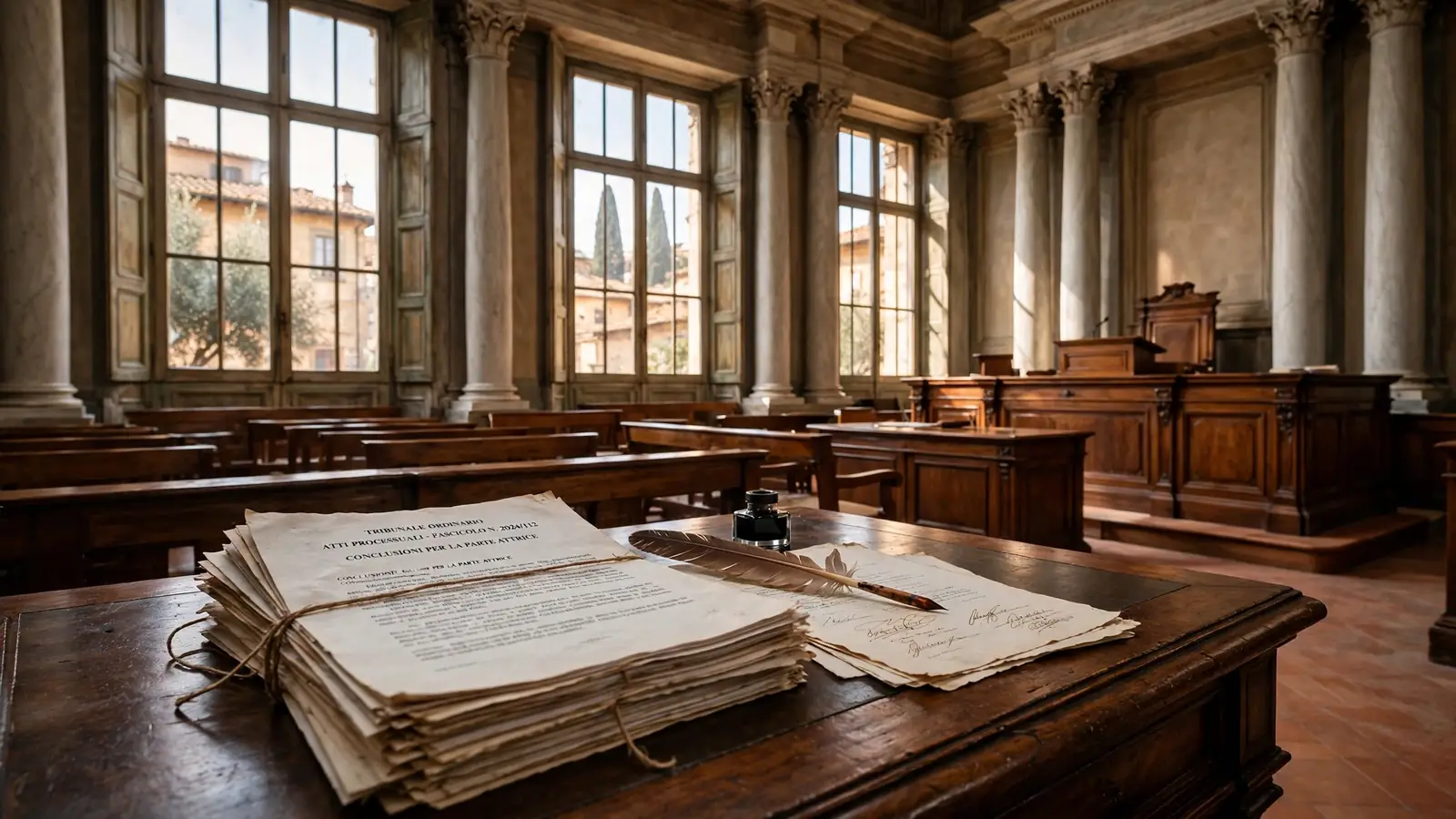 Fotografia realistica di una aula di tribunale italiana con documenti legali