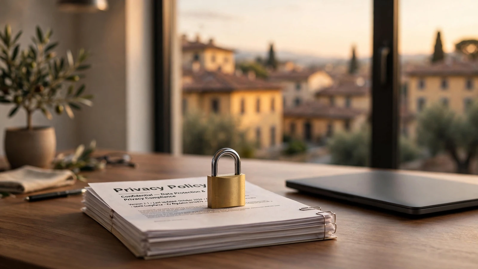 Foto realistica di un ufficio italiano con lucchetto su documenti sulla privacy