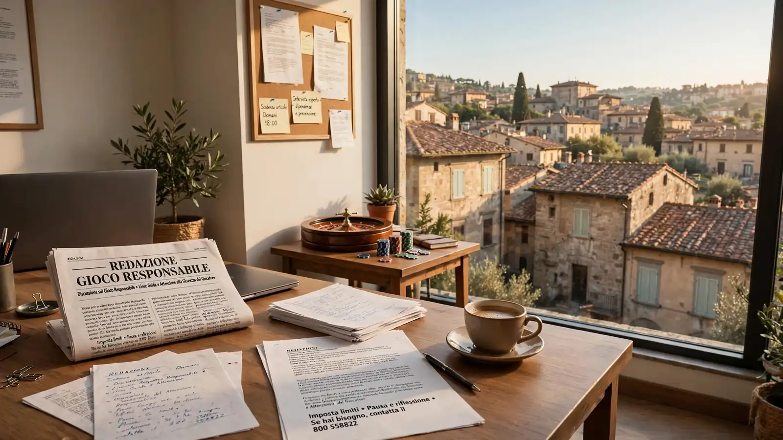 Ufficio giornalistico italiano con vista sulla città e fiches da gioco